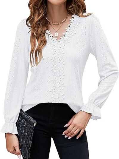 Lace Detail Eyelet V-Neck Flounce Sleeve Blouse - Clothes For Her Online Store