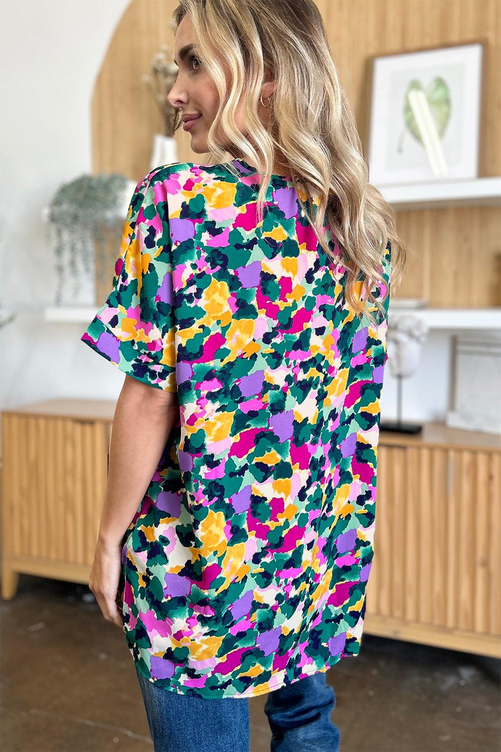 Double Take Full Size Printed V-Neck Short Sleeve Side Slit Top - Clothes For Her Online Store