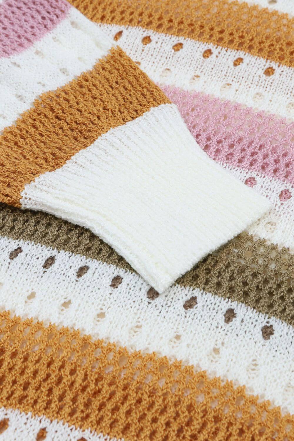 Striped Round Neck Hollowed Sweater - Clothes For Her Online Store