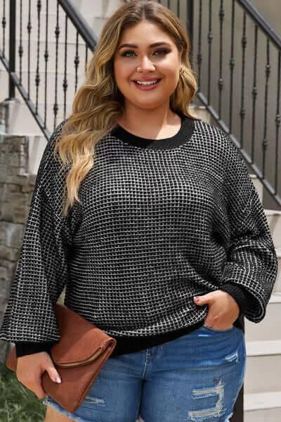 Plus Size Waffle-Knit Round Neck Dropped Shoulder Sweater - Clothes For Her Online Store