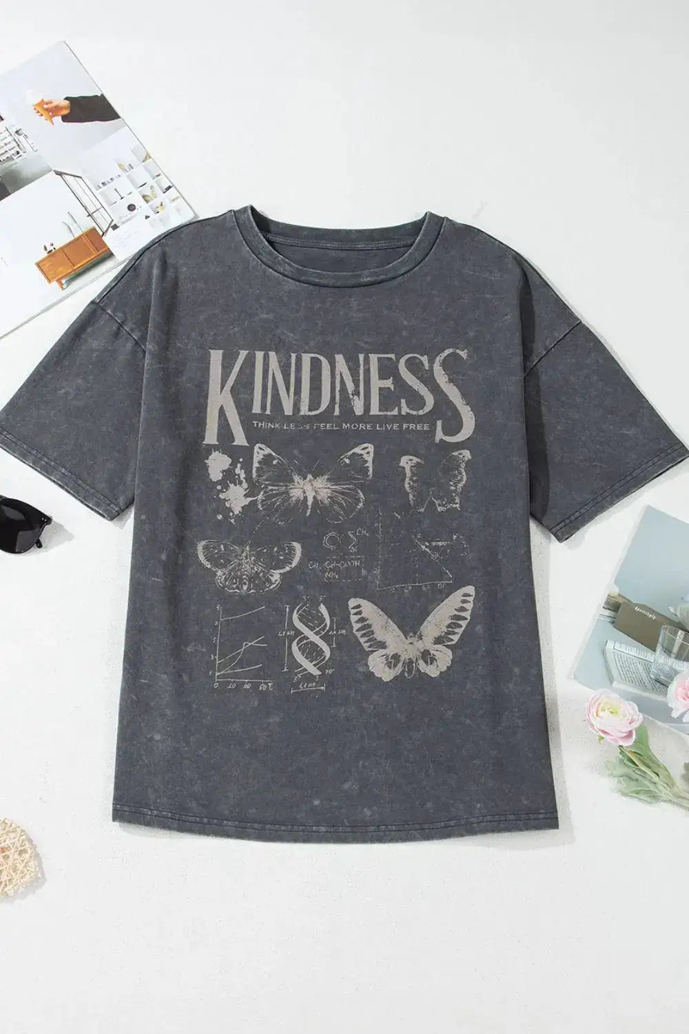 Kindness Butterflies Graphic Mineral Wash Loose Tee - Clothes For Her Online Store
