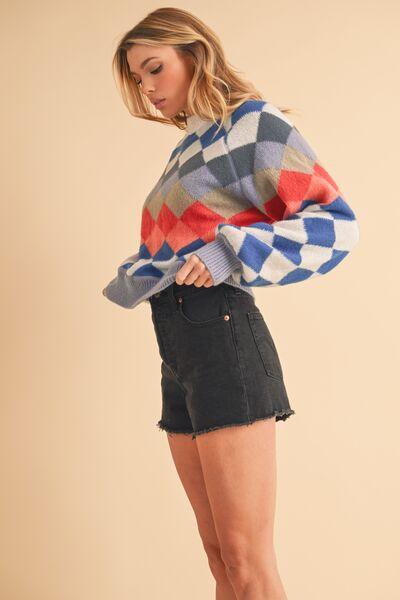 Aemi + Co Diamond Mock Neck Raglan Sleeve Sweater - Clothes For Her Online Store