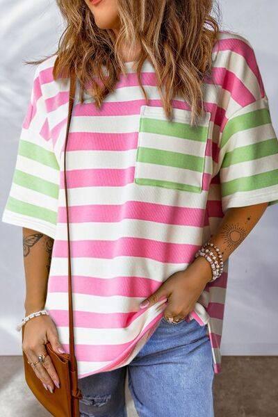 Contrast Striped Round Neck Half Sleeve T-Shirt - Clothes For Her Online Store