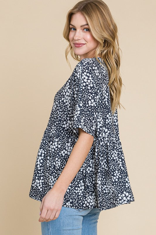 BOMBOM Floral Round Neck Peplum Blouse - Clothes For Her Online Store