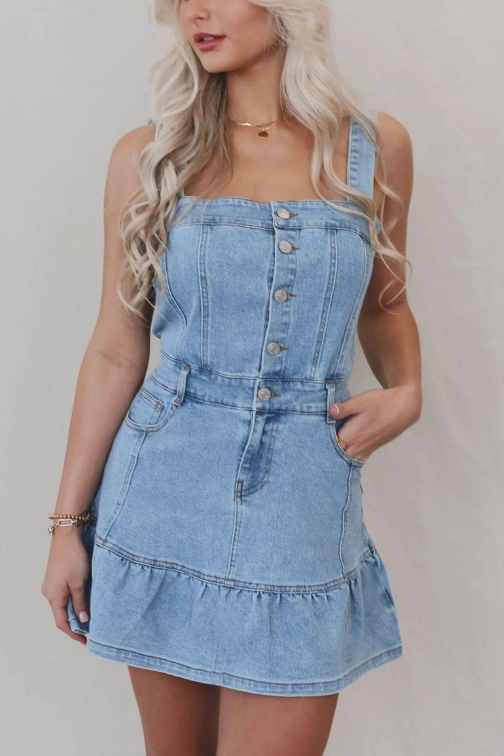 Ruffled Hem Button Front Square Neck Denim Dress - Clothes For Her Online Store