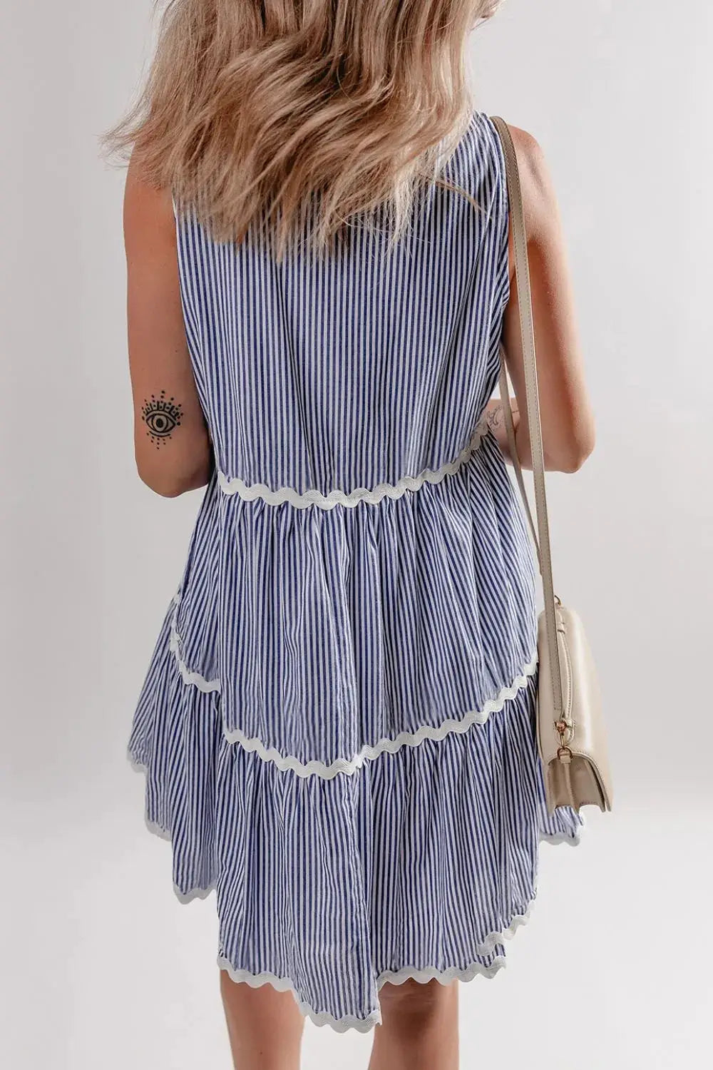 Stripe Sleeveless Notched Ric Rac Mini Dress - Clothes For Her Online Store