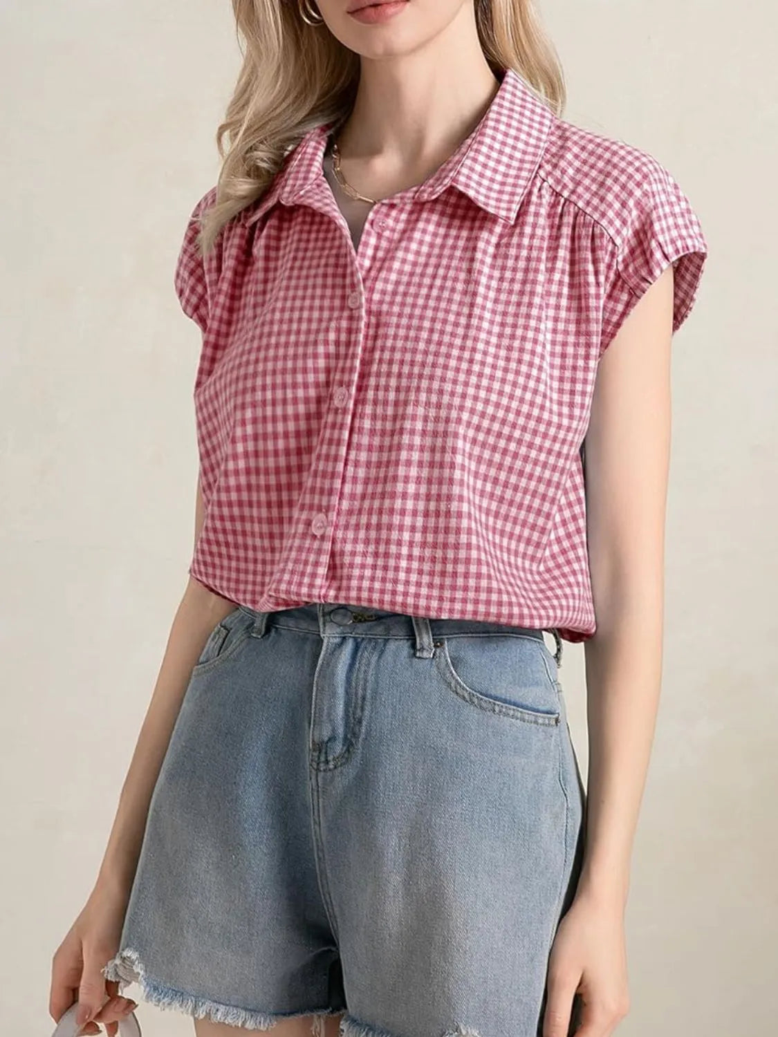 Plaid Button Up Cap Sleeve Shirt