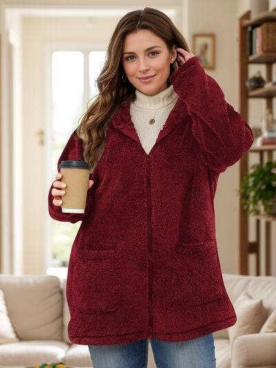 Plus Size Zip Up Long Sleeve Hooded Outerwear - Clothes For Her Online Store