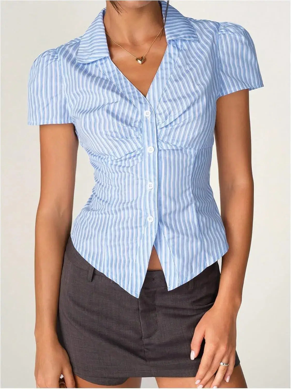 Striped Collared Neck Short Sleeve Shirt