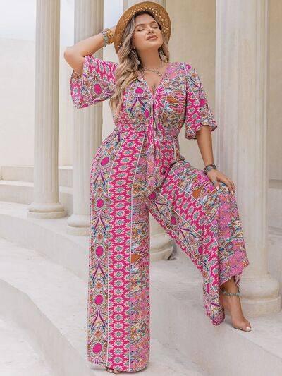 Plus Size Printed Half Sleeve Wide Leg Jumpsuit - Clothes For Her Online Store