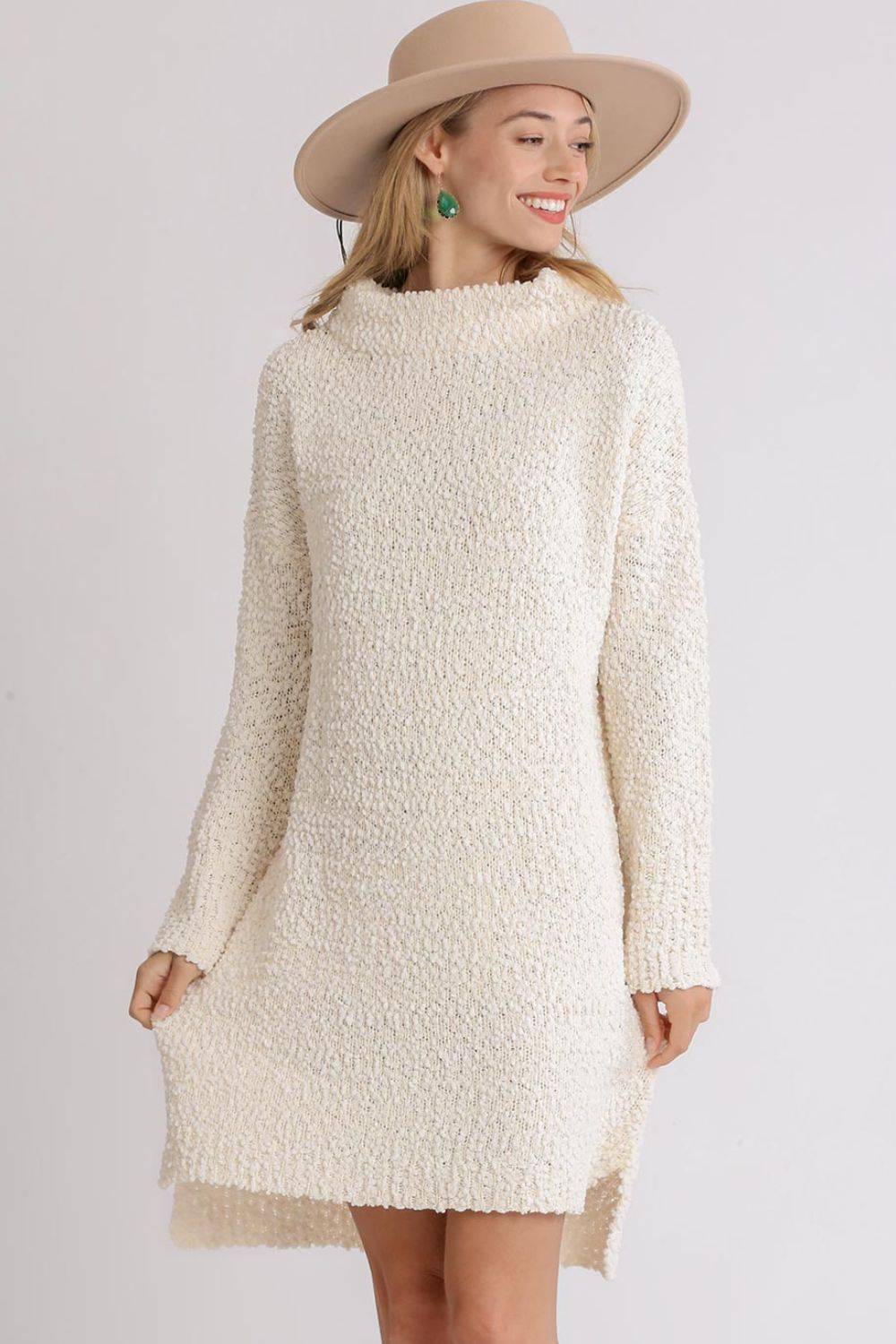Umgee Full Size High Low Long Sleeve Boucle Sweater Dress Plus Size - Clothes For Her Online Store