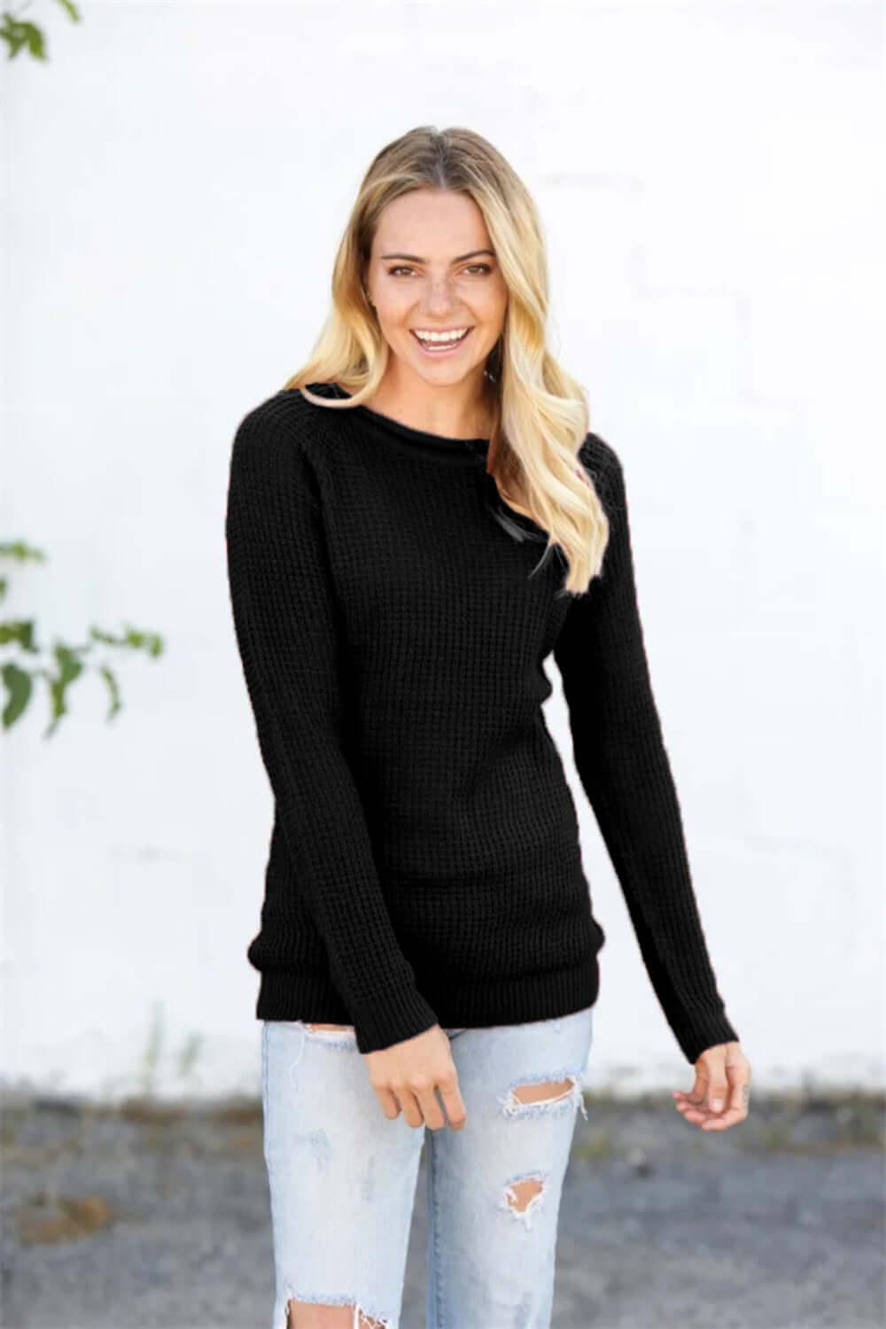 Round Neck Raglan Sleeve Sweater - Clothes For Her Online Store