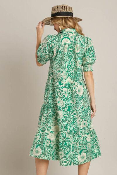 Umgee Full Size Printed Smocked Cuff Puff Sleeve Midi Dress Plus Size - Clothes For Her Online Store
