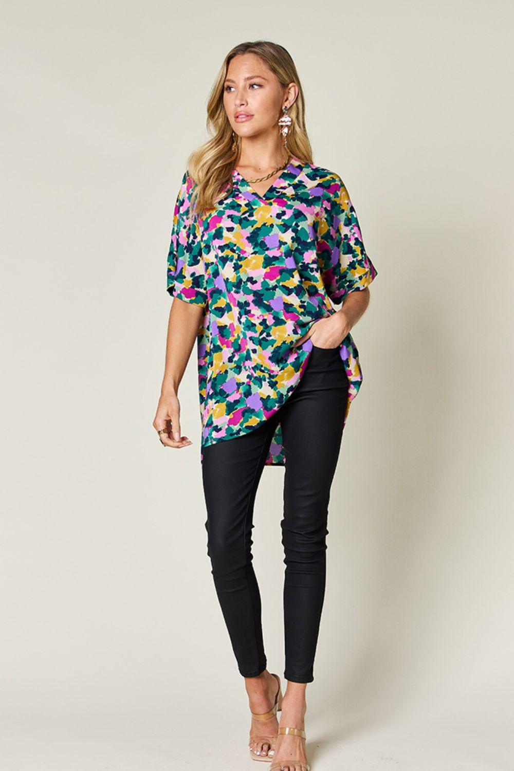 Double Take Full Size Printed V-Neck Short Sleeve Side Slit Top - Clothes For Her Online Store