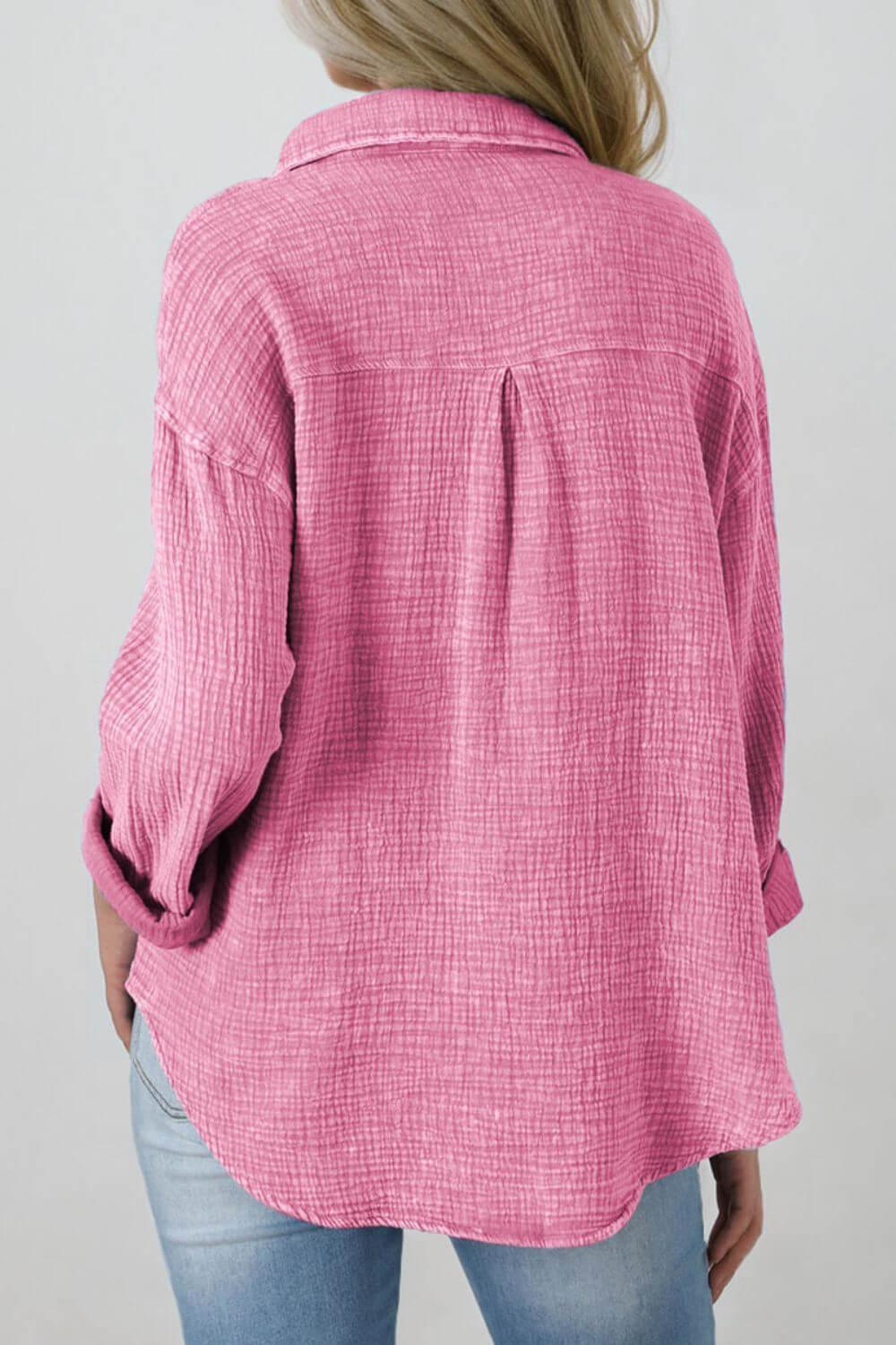 Button Down Collared Neck Long Sleeve Shirt - Clothes For Her Online Store