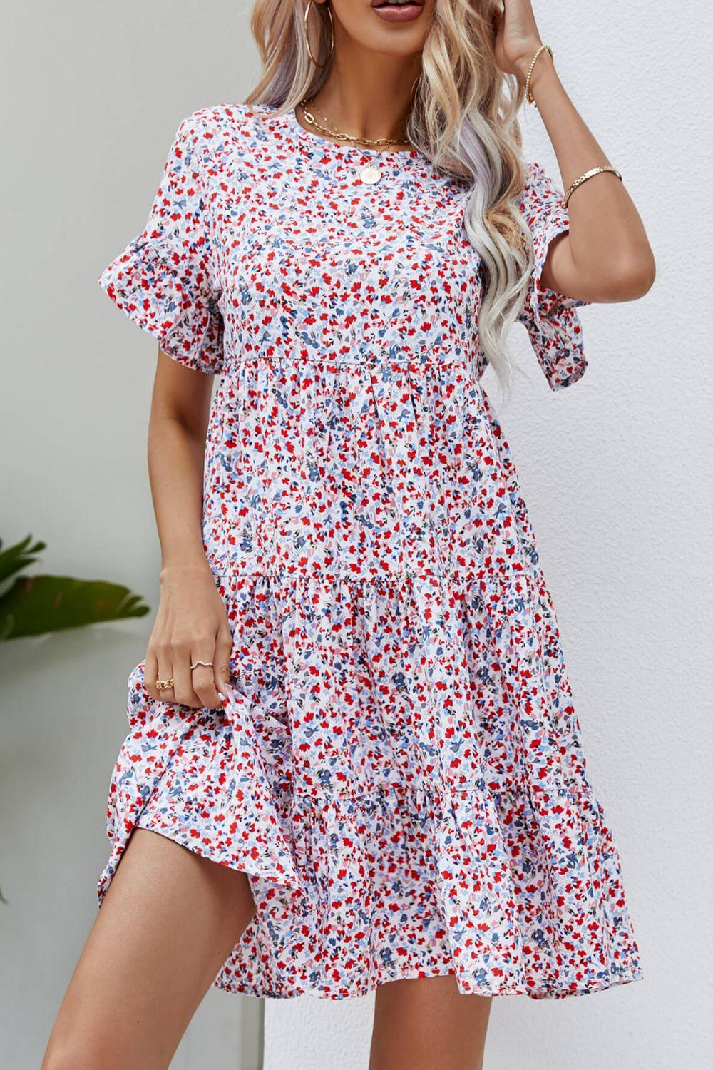 Ditsy Floral Flounce Sleeve Tiered Dress - Clothes For Her Online Store