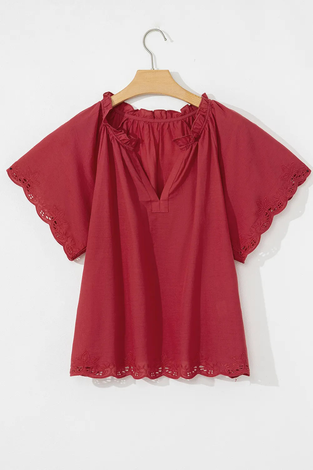 Floral Embroidered Scallop Trim Short Sleeve Notched Blouse