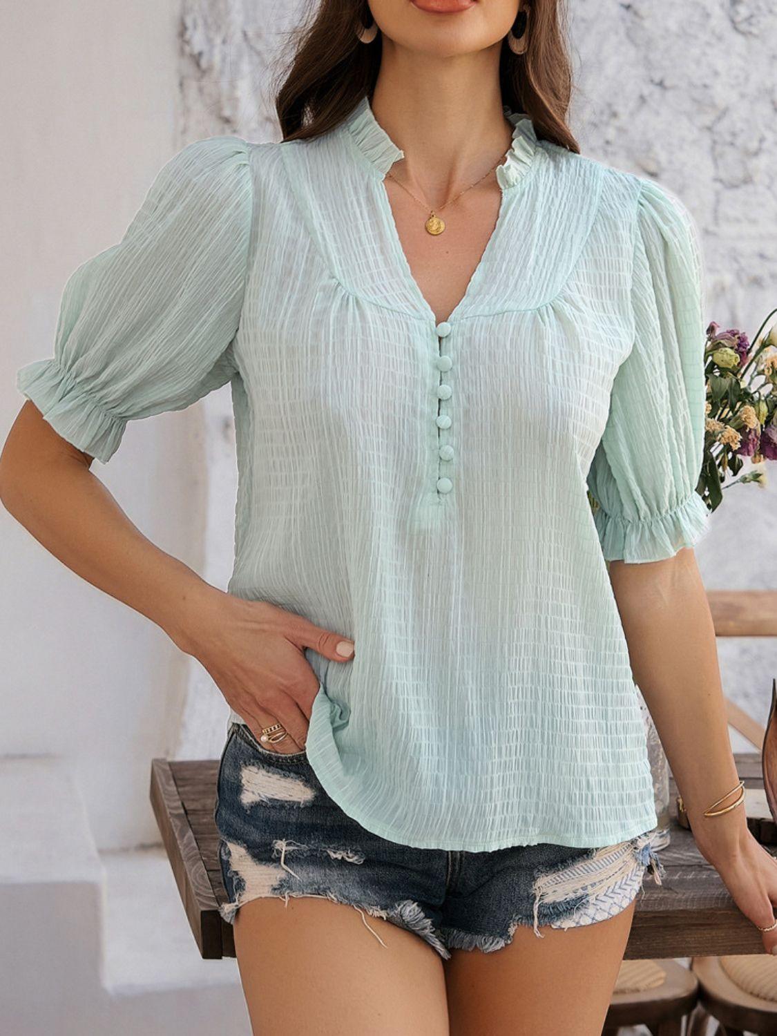 Devine Frill Notched Short Sleeve Blouse - Clothes For Her Online Store