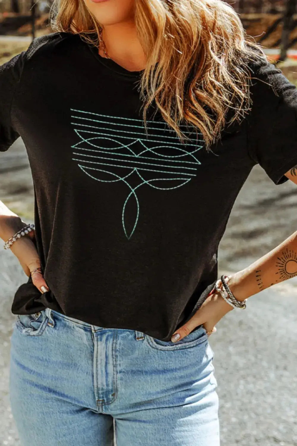 Embroidered Round Neck Short Sleeve T-Shirt - Clothes For Her Online Store