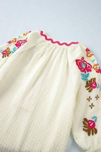 Floral Embroidered Notched Puff Sleeve Blouse - Clothes For Her Online Store