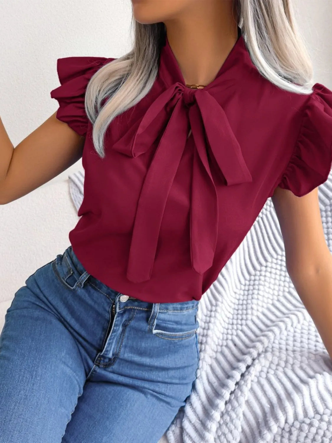 Ruffle Cap Sleeve Bow Tie Blouse