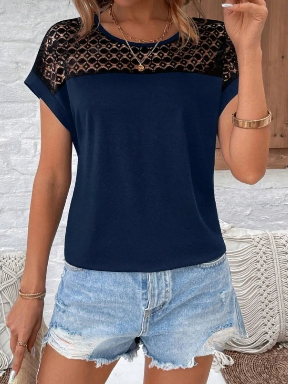 Lace Round Neck Short Sleeve T-Shirt