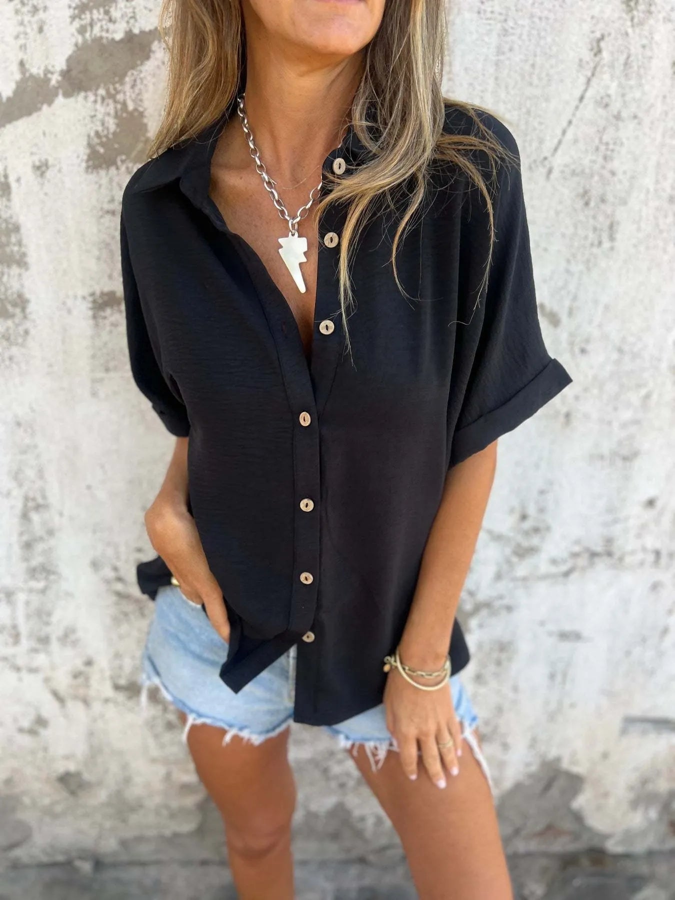 Full Size Casual Button Down Short Sleeve Loose Shirt Plus Size