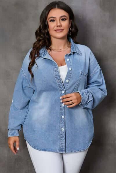Plus Size Button Up Pocketed Denim Top - Clothes For Her Online Store