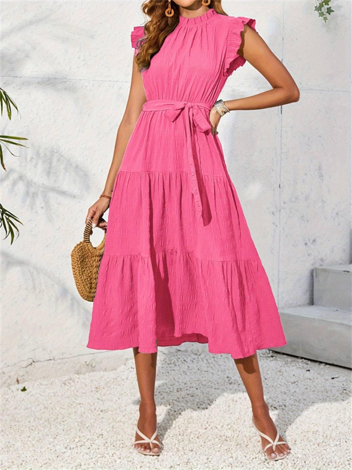 Frill Mock Neck Ruffled Cap Sleeve Midi Dress - Clothes For Her Online Store