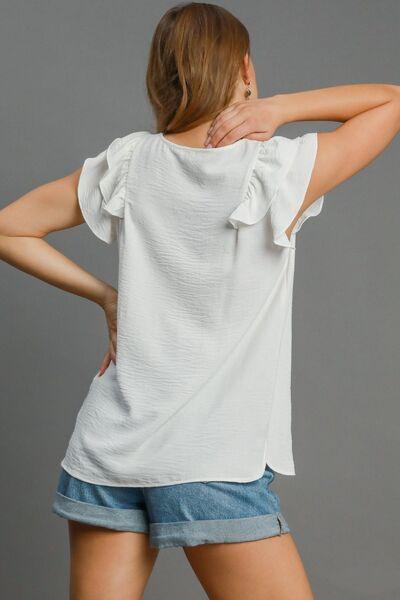 Umgee Full Size V-Neck Double Layered Ruffle Sleeve Blouse Plus Size - Clothes For Her Online Store