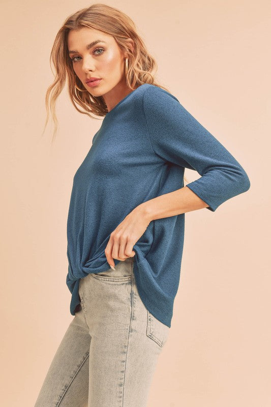 Aemi + Co Twist Front Round Neck 3/4 Sleeve T-Shirt - Clothes For Her Online Store