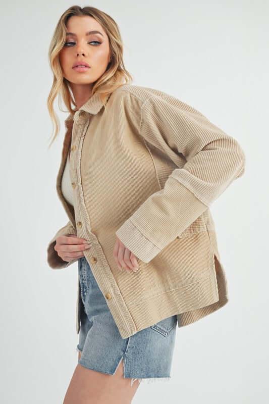 Aemi + Co Side Slit Exposed Seam Button Up Corduroy Jacket - Clothes For Her Online Store
