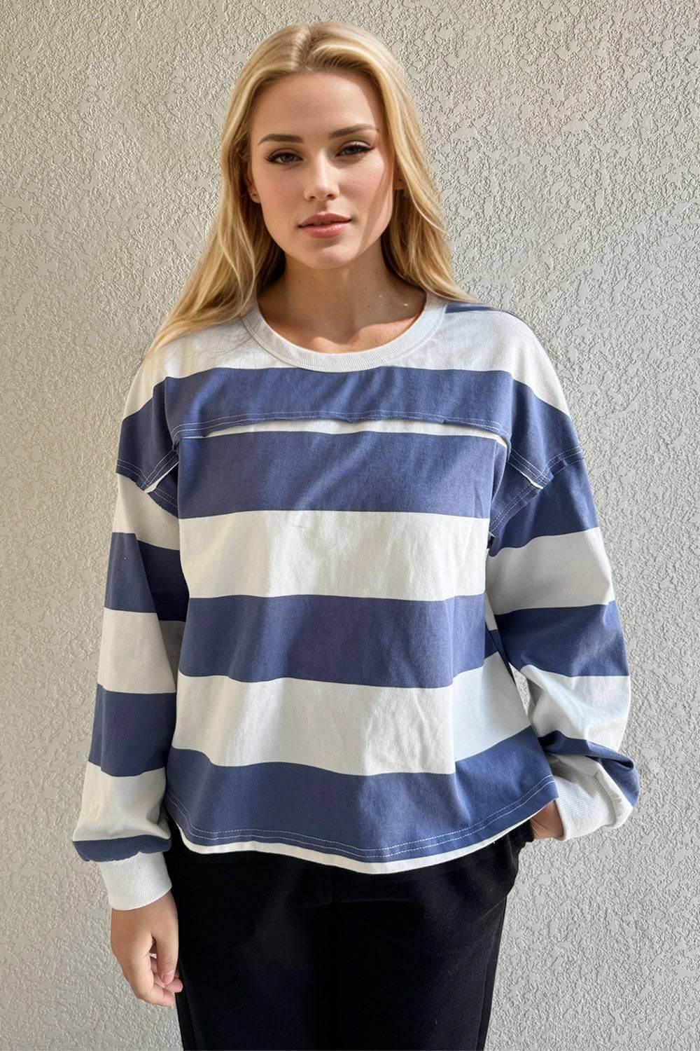 Oh Pima Cotton Wash Exposed Seam Contrast Striped Round Neck Long Sleeve T-Shirt - Clothes For Her Online Store