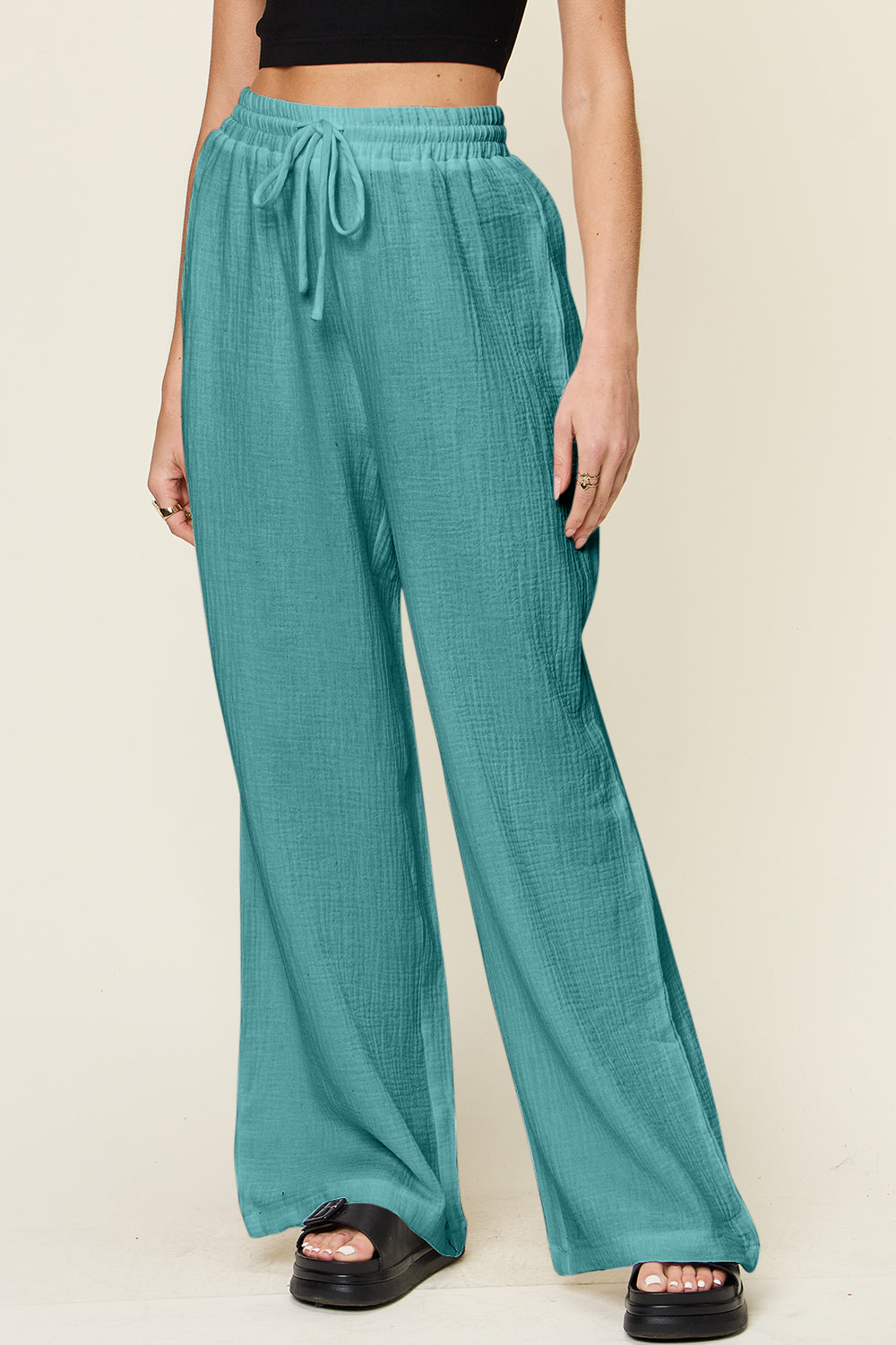 Double Take Full Size Texture Drawstring Wide Leg Pants - Clothes For Her Online Store