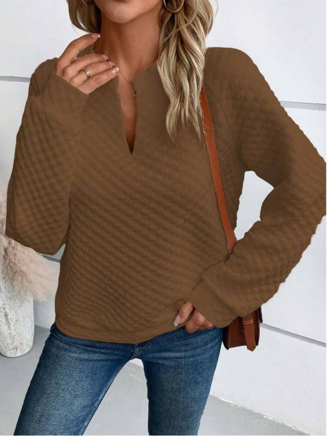 Notched Long Sleeve Sweatshirt - Clothes For Her Online Store