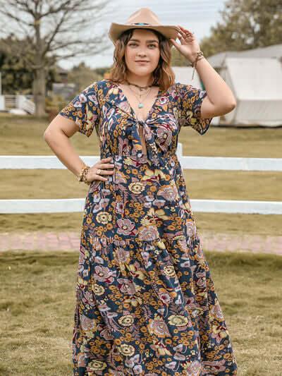 Plus Size Tied Printed Short Sleeve Midi Dress - Clothes For Her Online Store