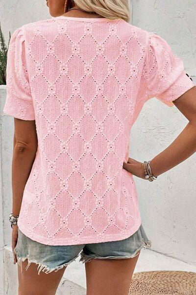 Flower Geometric Textured Short Sleeve Top - Clothes For Her Online Store