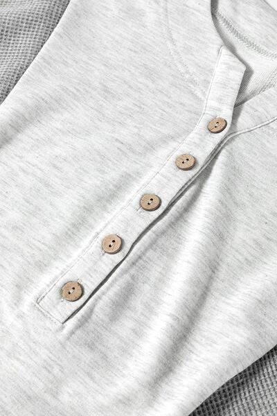 Two Tone Contrast Waffle Knit Patched Buttoned V Neck Top - Clothes For Her Online Store