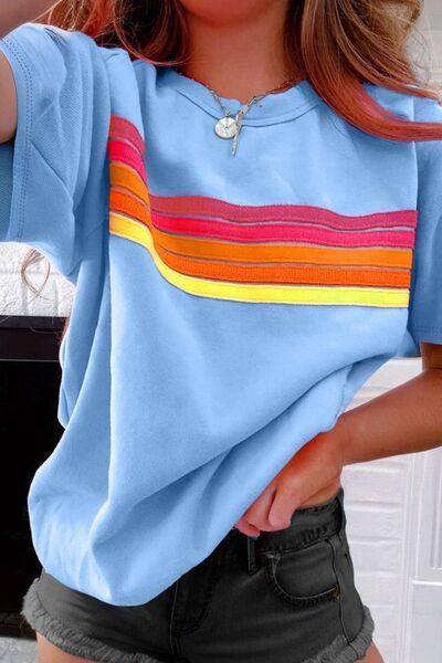 Striped Round Neck Short Sleeve T-Shirt - Clothes For Her Online Store
