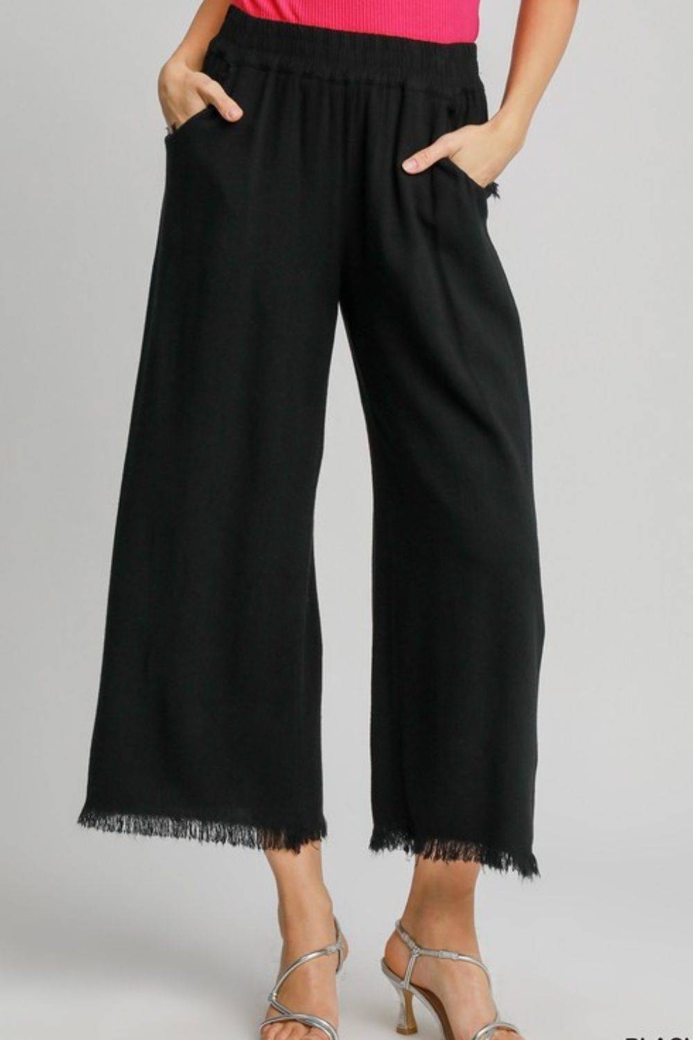 Umgee Full Size Linen Blend Elastic Waistband Wide Leg Pants Plus Size - Clothes For Her Online Store