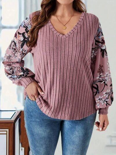 Plus Size Printed V-Neck Long Sleeve T-Shirt - Clothes For Her Online Store