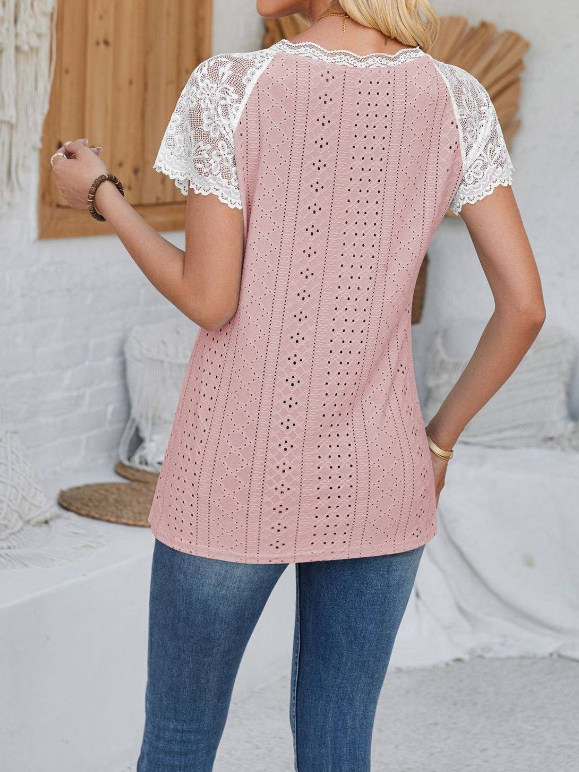 Eyelet Lace Detail V-Neck Short Sleeve Top - Clothes For Her Online Store