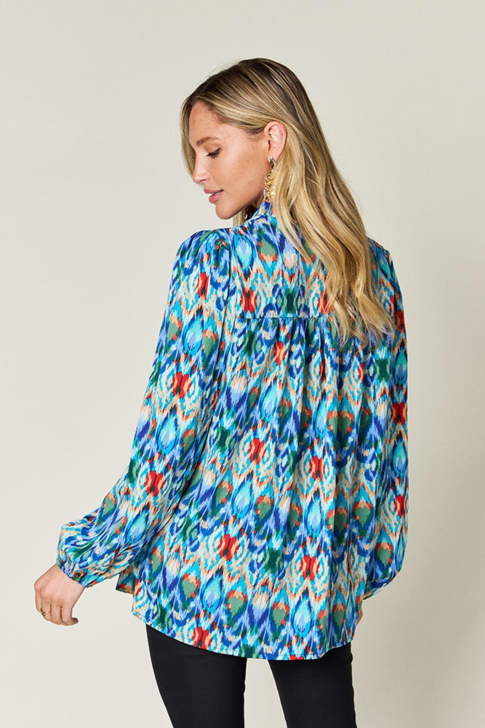 Double Take Full Size Printed Balloon Sleeve Blouse - Clothes For Her Online Store