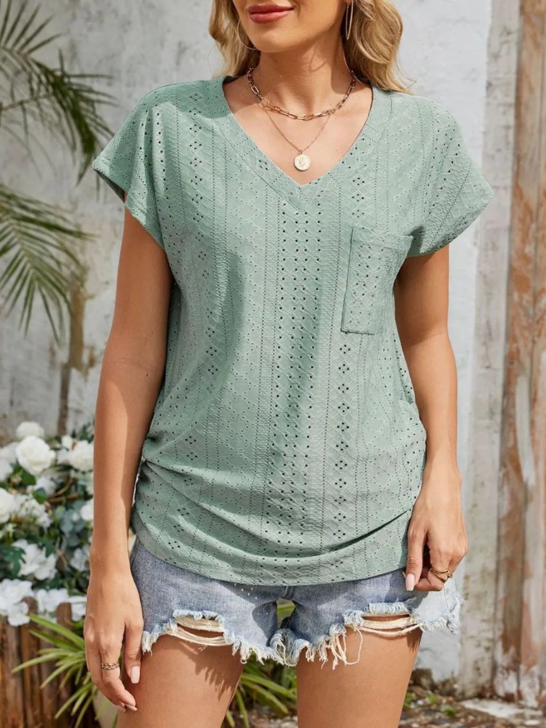 Eyelet V-Neck Short Sleeve Top - Clothes For Her Online Store