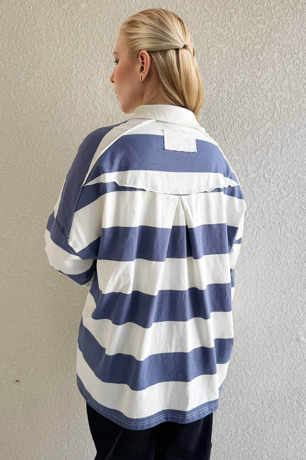 Oh Pima Cotton Wash Wide Striped Collared Neck Long Sleeve Top - Clothes For Her Online Store