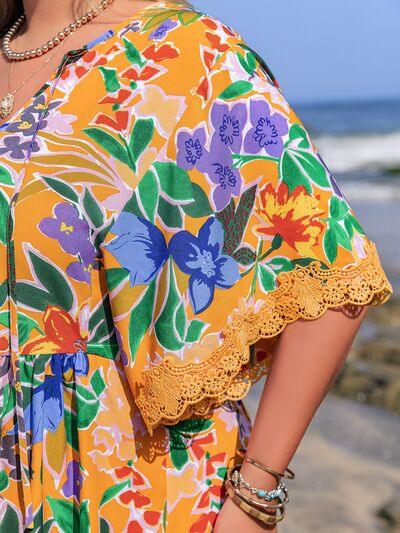 Plus Size Lace Detail Printed Tie Neck Half Sleeve Dress - Clothes For Her Online Store