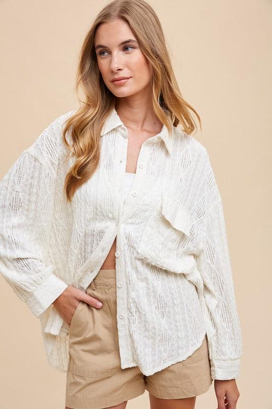 Annie Wear Openwork Button Down Drop Shoulder Shirt - Clothes For Her Online Store