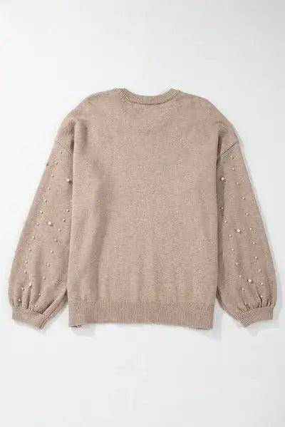Plus Size Pearl Detail Round Neck Long Sleeve Sweater - Clothes For Her Online Store