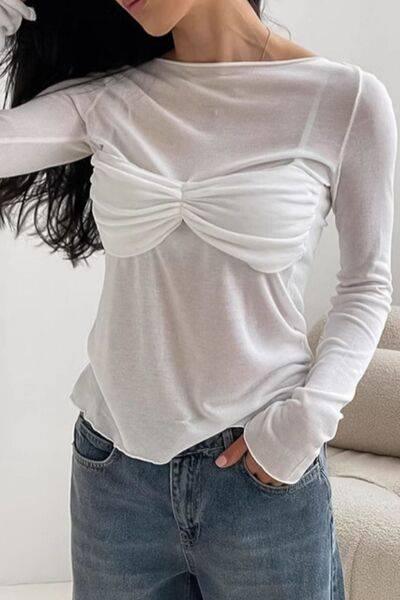 Ruched Round Neck Long Sleeve Blouse - Clothes For Her Online Store