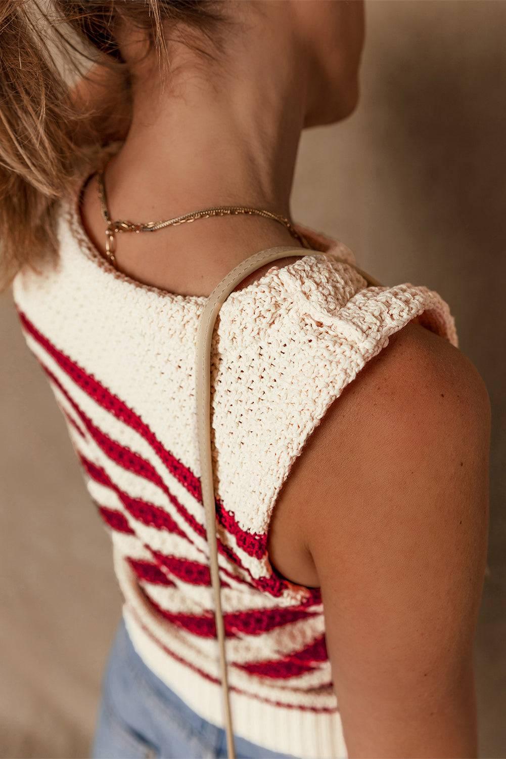 Stripe Textured Knit Ribbed Hem Sweater Tank - Clothes For Her Online Store